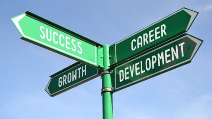 A signpost against open sky pointing four ways: Success, Career, Development and Growth.