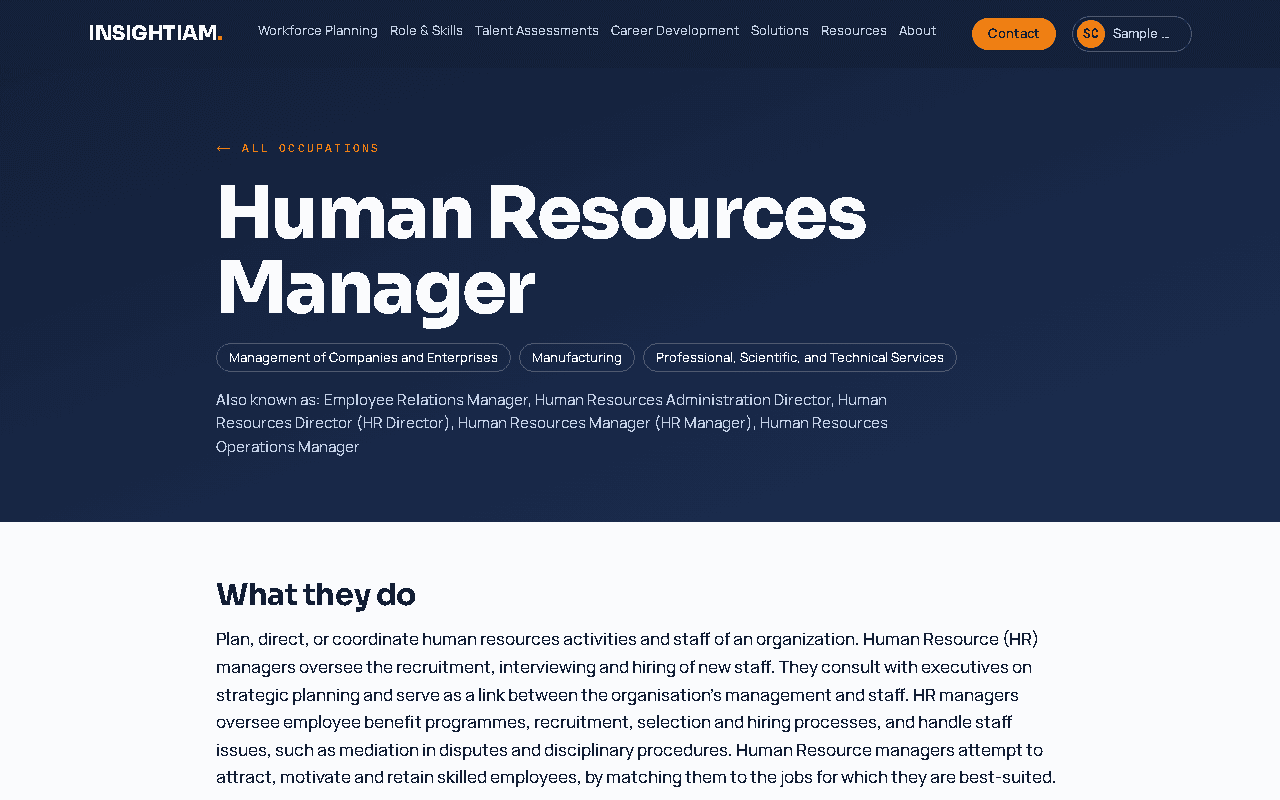 An occupation profile in the browser: Human Resources Manager, its sectors, other job titles it is known by, and what the role does.